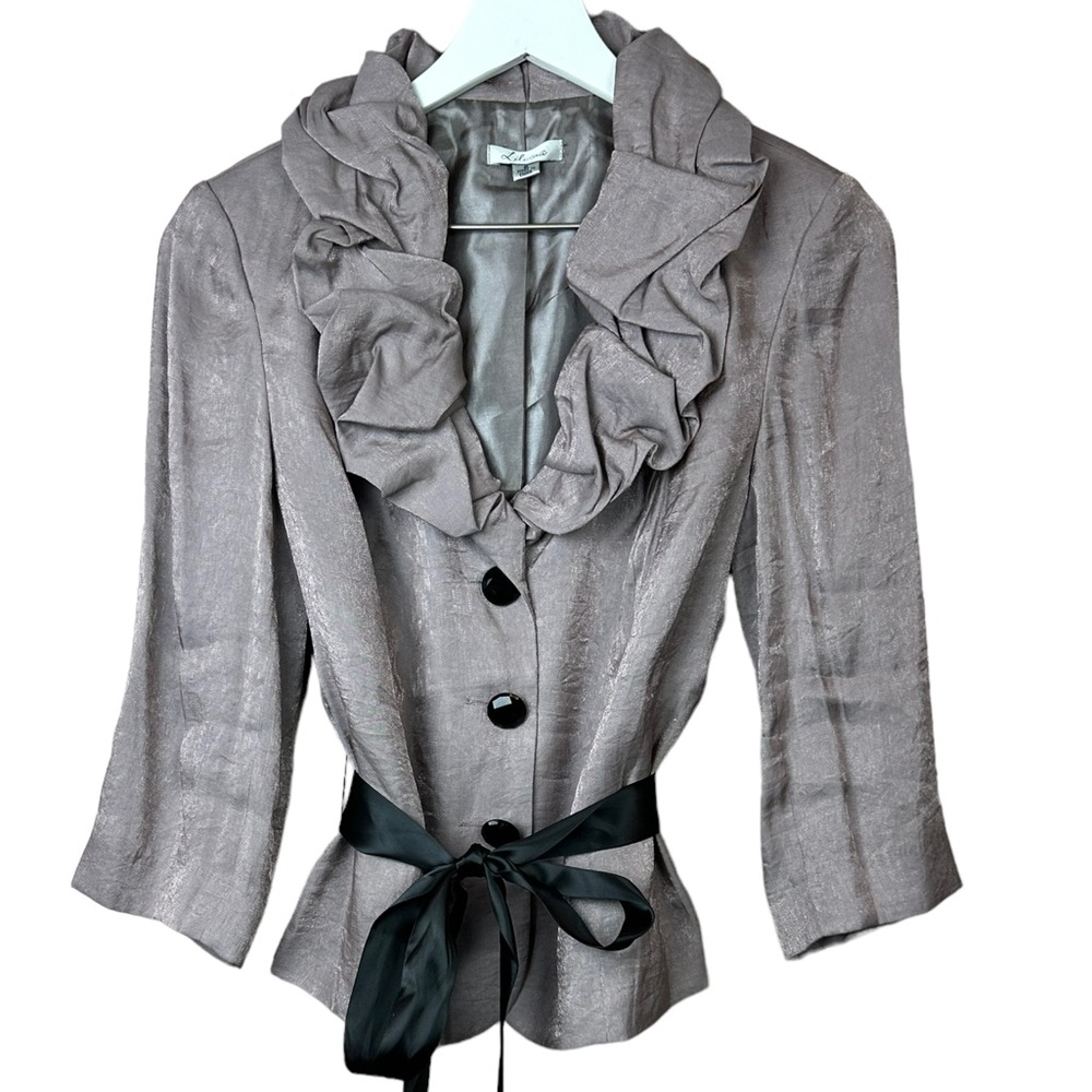 Liliana Metallic Taupe Button Front Ruffle Tie Blazer Women Sz 6